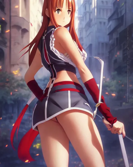 Image similar to pinup photo of asuna from sao in the crowded square of the city, asuna by a - 1 pictures, by by greg rutkowski, artgerm, gil elvgren, enoch bolles, glossy skin, pearlescent, anime, very coherent, sao style anime, flat