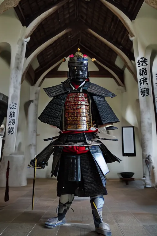 Prompt: samurai warrior in a a monastery dedicated to worshiping artificial intelligence