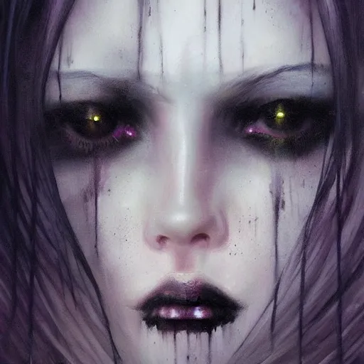 Image similar to gothic, grimdark a beautiful portrait of kerli koiv with pastel goth makeup, a detailed painting by greg rutkowski and raymond swanland and luis royo, featured on cgsociety, grimdark art, detailed painting, artstation hd, photorealistic