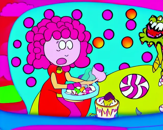 Image similar to Klasky-Csupo style cartoon about a young girl and her pet monster in a candyland. TV screenshot HD remaster