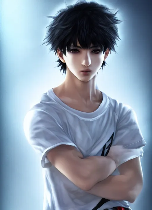 Image similar to beautiful medium shot manga portrait of a young arabic man mahmood inspired by ayami kojima with short hair dressed with a white t - shirt, white background white bank studio light, art by yoshitaka amano, final fantasy, high quality, 8 k