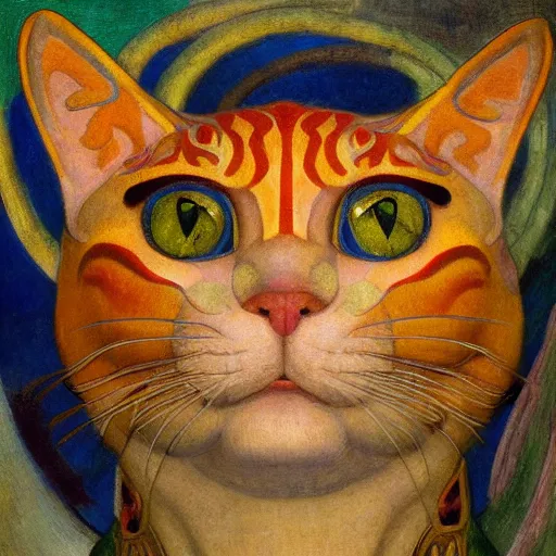 Image similar to masterpiece painting of a mechanical cloisonne cat head sculpture, by annie swynnerton and diego rivera and nicholas roerich and jean delville and janet fish, symbolist, dramatic lighting, god rays, art brut, rich colors, smooth, sharp focus, extremely detailed, adolf wolfli and ( donato giancola and bilibin )