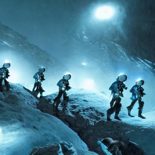 Prompt: futuristic soldiers exploring a prehistoric cave in antarctic, cinematic lighting, 1 9 2 0's sci - fi, deep aesthetic colors, 8 k, highly ornate intricate details, extreme detail,