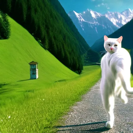 Image similar to a white cat riding a bicycle, austria, film still, sound of music, 4 k, 8 k