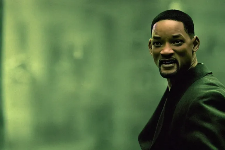 Prompt: will smith as a character from the matrix dodging bullets, cinematic, movie still, dramatic lighting, matrix code,!! by bill henson!!, green color theme, 1 6 : 9 ratio