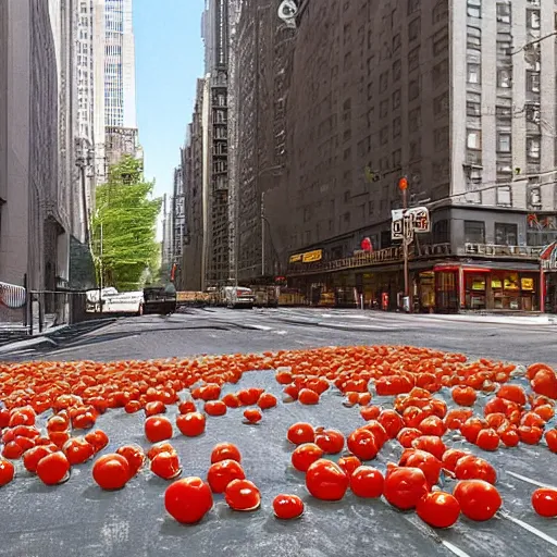 Prompt: 2 0 w 3 4 th st., new york, ny 1 0 0 0 1, united states destroyed by falling tomatoes photo realistic