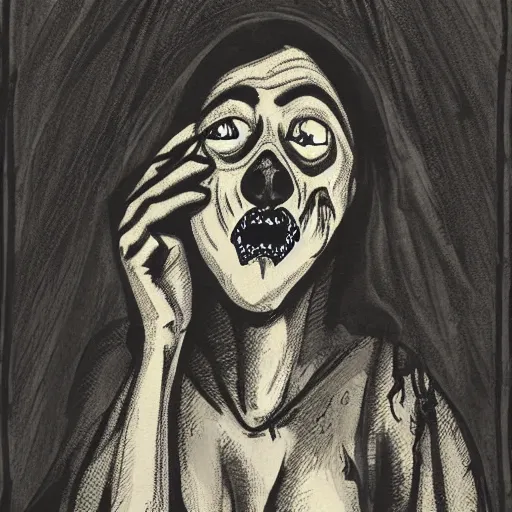 Prompt: A beautiful print that captures the feeling of terror and anguish. The bright sky contrasts sharply with the dark, ominous figure in the background, creating a sense of unease and foreboding. The figure's face is twisted in a scream of agony, conveying the true horror of the scene. This print is truly a masterpiece of emotion and terror. by Käthe Kollwitz a e s t h e t i c