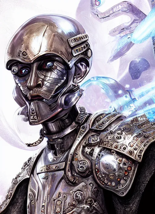 Image similar to of a hyper _ realistic _ proportional _ stylization _ portrait _ of _ a _ techpunkk _ war _ cleric _ in _ a _ futuristic _ pearl _ armor _ full _ of _ astral _ runes _ the _ backgro.