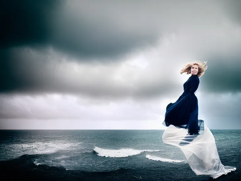 Prompt: cinestill 5 0 d half - length portrait photo portrait of a woman britt marling 3 / 4 style of nicholas fols, 1 5 0 mm, dress in voile, hair like dark clouds, hair floating on air, head in focus, mute dramatic colours, soft blur outdoor stormy sea background, volumetric lighting, hyper detailed, hyper realistic