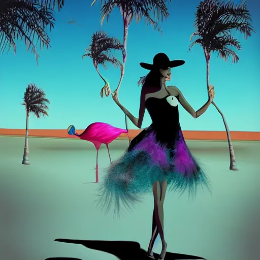 Image similar to A surreal comic noir illustration containing a beautiful woman and Flamingos on a desert beach oasis by Salvador Dali, dark vibes, high contrast, pastel lighting, cinematic, depth of field, 8k