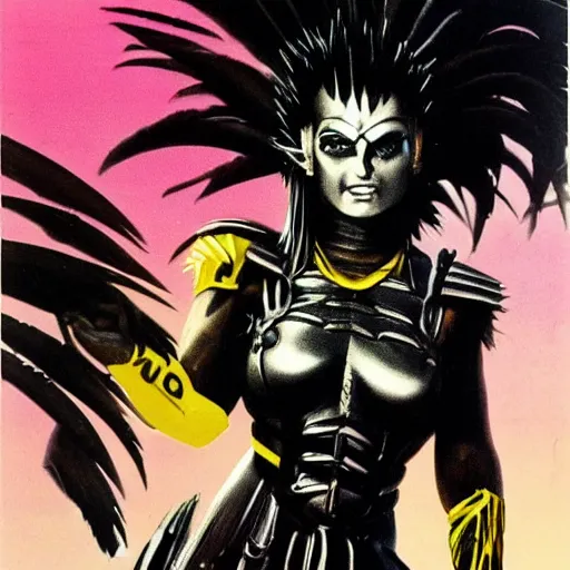 Image similar to 23-year-old muscular warrior girl wearing chrome silver armor, black spandex, electrified hair, wild spiky black hair, glam metal hair, wild black hair, yellow eyes, tropical, palm trees, chrome buildings, futuristic base, 1987, Frank Frazetta, pulp art, video game box art, hyper-detailed