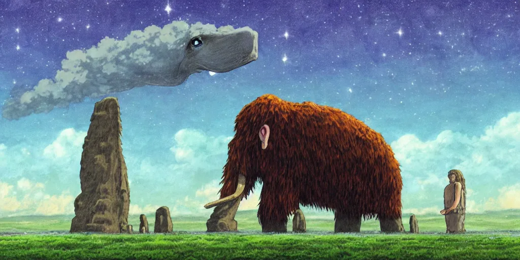 Image similar to a realistic cell - shaded studio ghibli concept art from paprika ( 2 0 0 6 ) of a giant wooly mammoth in a flooded easter island on a misty starry night. very dull colors, wide shot, hd, 4 k, hq