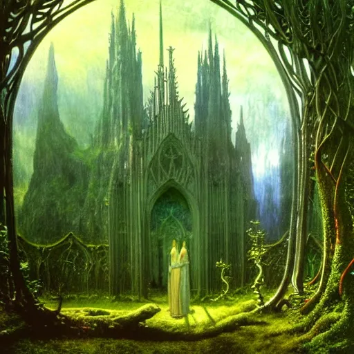 Image similar to a beautiful and highly detailed matte painting of an elven cathedral in a magical celtic forest, otherworldly trees and plants and flowers, detailed spires, by caspar friedrich, albert bierstadt, james gurney, brian froud,