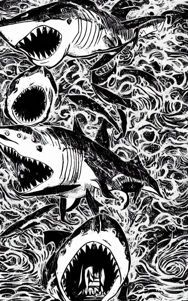 Prompt: Sharknado in the style of junji ito, horror, manga, shark, complex