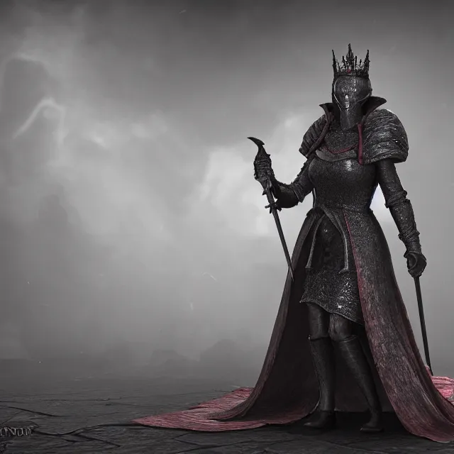 Image similar to queen elizabeth as a dark souls boss, dark cinematic, volumetric, realistic, 3 d render, cinematic lighting, ray tracing, cinematic, unreal engine 5, unreal engine render, octane render, hyper realistic, photo, 8 k