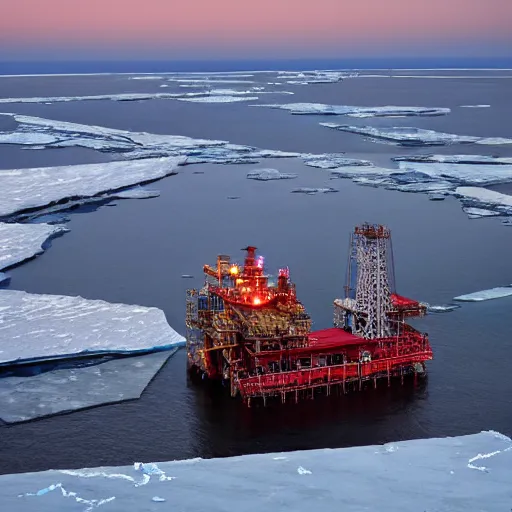 Prompt: Oil platform with orthodox temple on it surrounded by ice