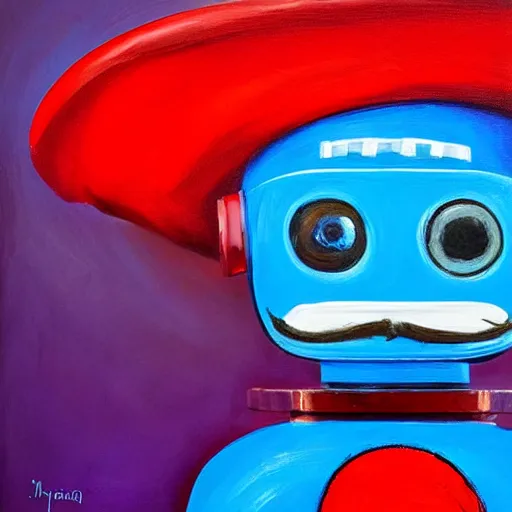 Image similar to Cute blue robot with moustache and red french beret. He is holding a paint brush. photorealism