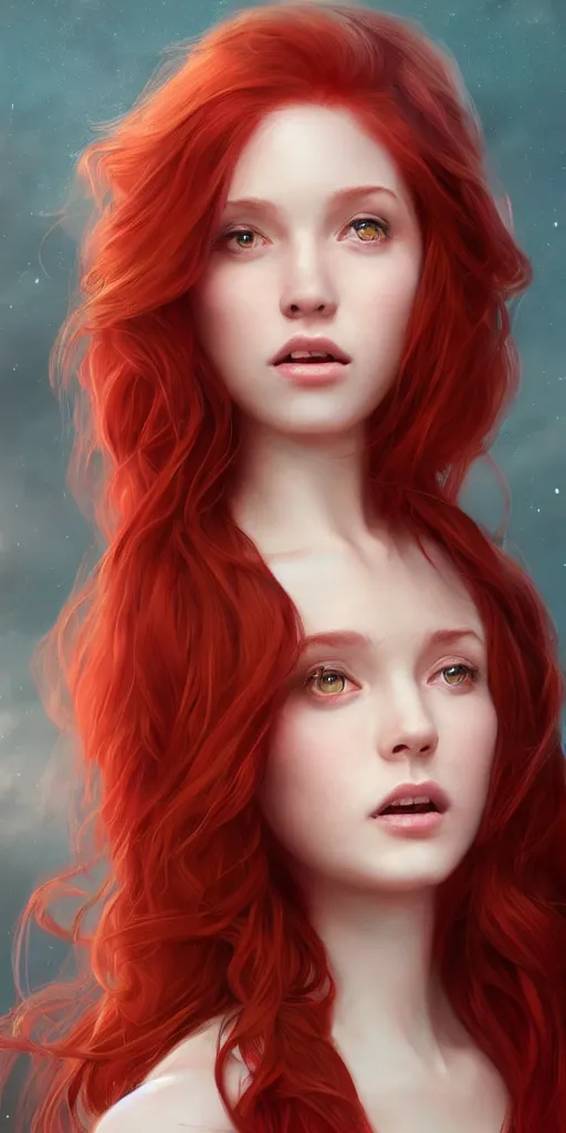 Image similar to beautiful cute red haired joyful and playful 1 9 year old maiden, full portrait, long hair, sci - fi, fantasy, intricate, elegant pose, digital painting, artstation, concept art, smooth, sharp focus, 8 k frostbite 3 engine, ultra detailed, art by artgerm and greg rutkowski and magali villeneuve