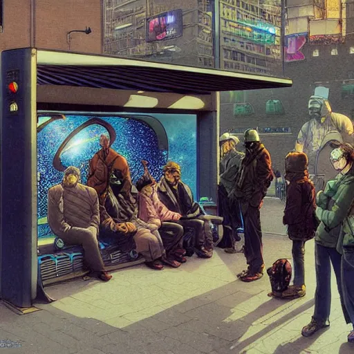 Prompt: people waiting in bus stop, by masamune shirow, moebius, yukito kishiro, barclay shaw, octane rendered with cinematic dramatic light by karol bak and monge and rutkowsky
