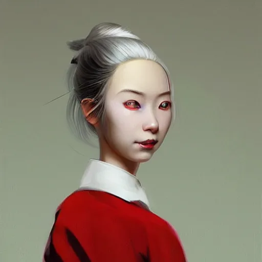 Image similar to Portrait of a japanese young lady with a long white!!!!!!! long white hair (and a red ribbon), Rim Lighting, Lantern, by Sergey Kolesov