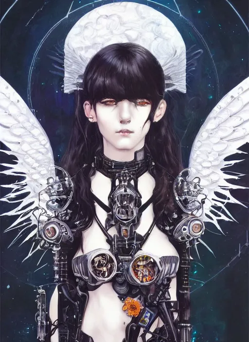 Image similar to portrait of cute beautiful young goth angel cyborg maiden, cyberpunk, Warhammer 40000, gothic, highly detailed, artstation, illustration, art by Gustav Klimt and Range Murata