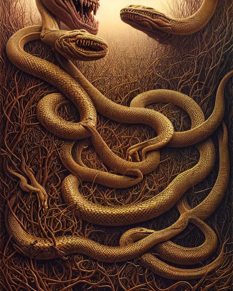 Image similar to ultra realist intricate detailed portrait of an attractive female turning into a snake in an alien landscape, insanity, accurate features, apocalyptic, very intricate details, 8 k resolution, dim lighting, volumetric lighting, artstyle, zdzisław beksinski and keith thompson, award winning