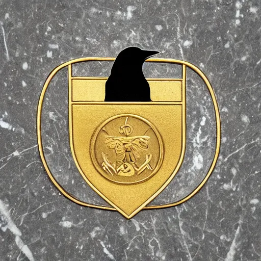 Prompt: A coat of arms with a blackbird in the center, around it two rings of different width. Made of marble with gold decoration. SLR photography