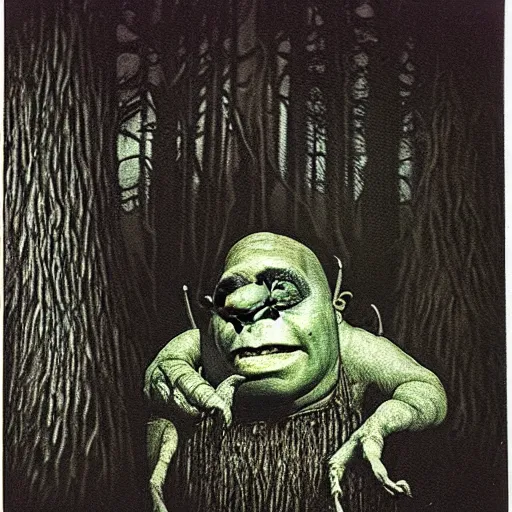 Image similar to old polaroid photo of creepy shrek staring from the depths of the dark gloomy forest, art by beksinski, bernie wrightson, john carpenter, creepy pasta, photorealistic, grainy, found footage, old film, low quality, horror, creepy, unsettling, terrifying