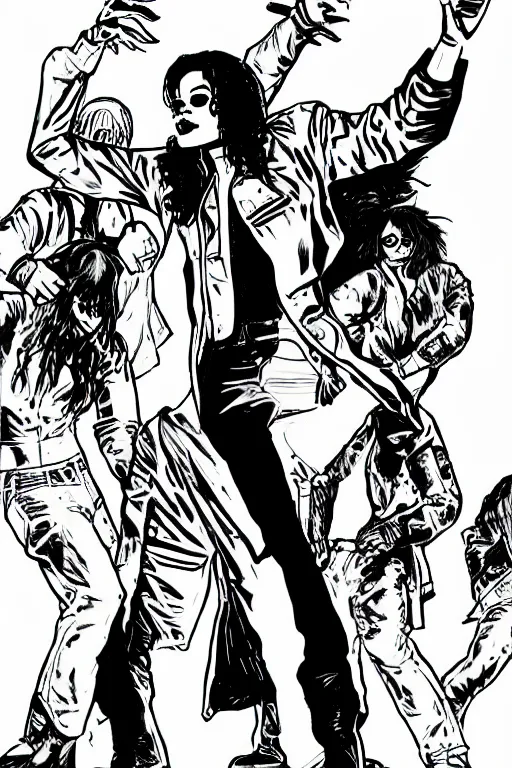 Image similar to michael jackson dancing, a page from cyberpunk 2 0 2 0, style of paolo parente, style of mike jackson, adam smasher, johnny silverhand, 1 9 9 0 s comic book style, white background, ink drawing, black and white