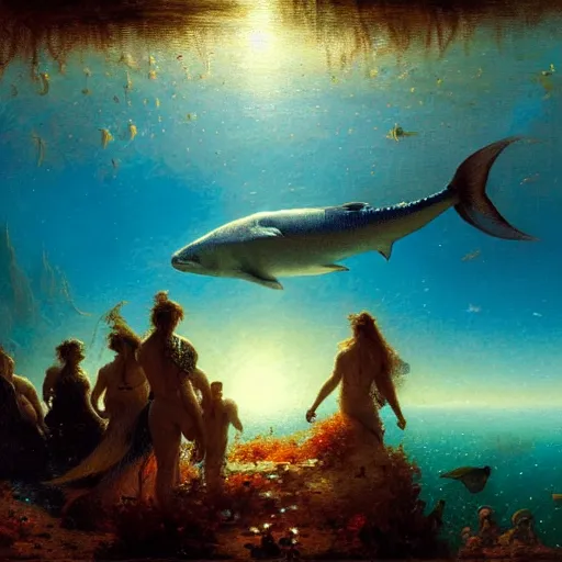 Image similar to point of view of deep in the ocean looking up, you see fishes, higher up you see the milk way, night time. highly detailed painting by gaston bussiere, greg rutkowski 8 k