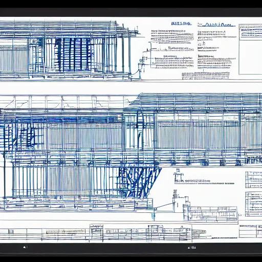 Prompt: noah's ark blueprints, white on blue, line drawing, 4 view, plant elevation profile, hyper detailed, construction plans