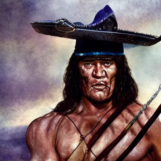 Image similar to conan the barbarian on a bicycle smoking a pipe in a sombrero, photorealistic