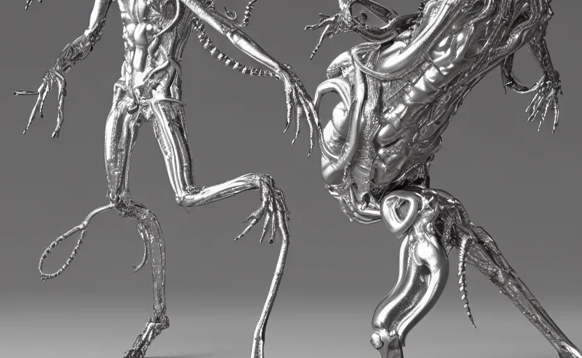 Image similar to stylized shiny polished silver statue full body extra limbs bizarre cosmic horror quadruped animal four legs made of marble of slug creature tendrils, perfect symmetrical body, perfect symmetrical face, hyper realistic, hyper detailed, by johannen voss, by michelangelo, octane render, blender, 8 k, displayed in pure white studio room