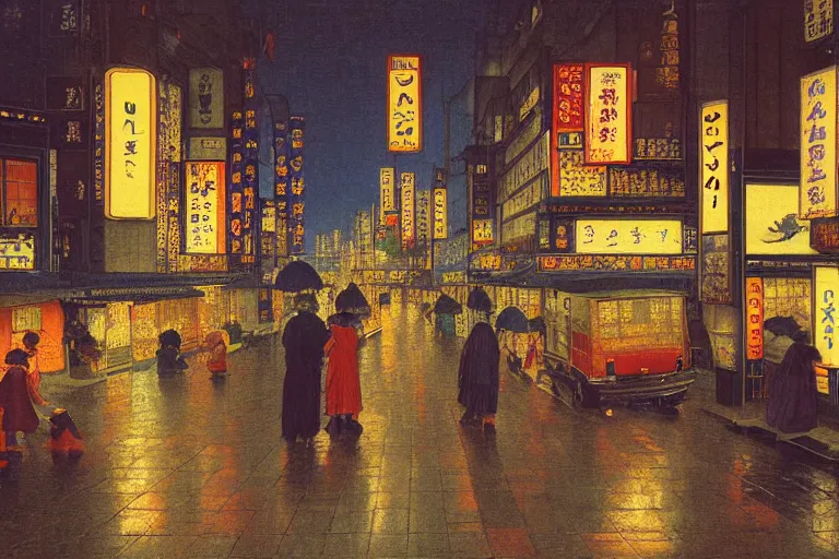 Image similar to painting of the streets of tokyo, at night, lanterns, neon, raining, romantic, by ludwig deutsch and maxfield parrish, patterned tilework, extremely detailed, cinematic lighting, smooth sharp focus