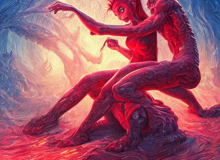 Image similar to couple, woman loves demon, sit upon a scarlet coloured beast, pain, light effect, hyper detailed, intricate, elegant, highly detailed, digital painting, artstation, concept art, matte, sharp focus, illustration, by dan mumford, yusuke murata, makoto shinkai, ross tran