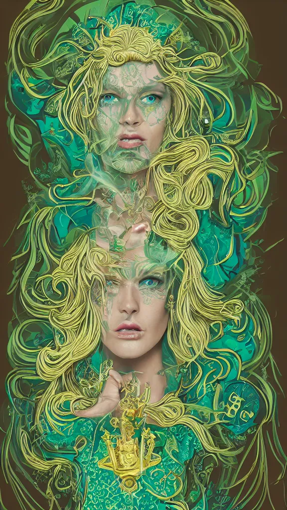 Image similar to Tarot card of the very beautiful Cannabis Goddess, miss universe, blonde hair, green eyes, highly detailed portrait, psychedelic, high fantasy, teal paper, smoke swirls, elaborate ornate, intricate details, mixed media, realistic composition, golden ratio, light from top, more darkness on bottom, high quality of sketching, octane render, 8k, by James Gilleard