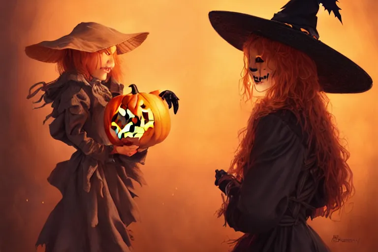 Image similar to portrait of a scarecrow with a jack - o - lantern head and a witch hat, halloween night, charlie bowater, artgerm, ilya kuvshinov, krenz cushart, ruan jia, realism, ultra detailed, 8 k resolution