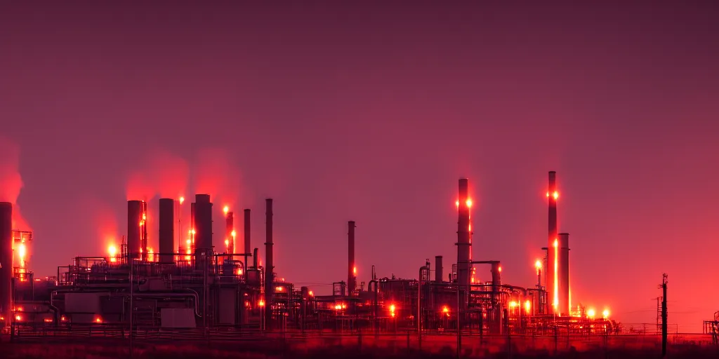 Prompt: chemical plant at night, smokestacks with plumes of fire, red glow in the horizon, ray tracing, refractive, award winning, trending on artstation, digital art. highly detailed 8 k. intricate