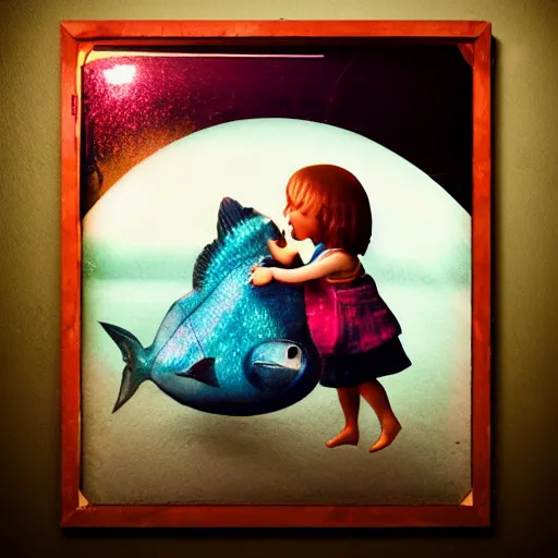 Image similar to the same style. the most beautiful little fat sweet girl is kissing a huge colorful cute fish. modern etching. colored print. hype realistic scene. old photography style. studio lighting. window. 3 d, octane render, deep focus, zbrush