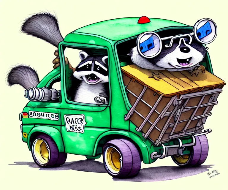 Image similar to cute and funny, racoon wearing goggles driving a tiny garbage truck, ratfink style by ed roth, centered award winning watercolor pen illustration, isometric illustration by chihiro iwasaki, edited by craola, tiny details by artgerm and watercolor girl, symmetrically isometrically centered