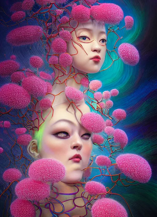 Image similar to hyper detailed 3d render like a Oil painting - kawaii portrait Aurora (ancient black haired Fae acrobat) seen Eating of the Strangling network of yellowcake aerochrome and milky Fruit and Her delicate Hands hold of gossamer polyp blossoms bring iridescent fungal flowers whose spores black the foolish stars by Jacek Yerka, Mariusz Lewandowski, Houdini algorithmic generative render, Abstract brush strokes, Masterpiece, Edward Hopper and James Gilleard, Zdzislaw Beksinski, Mark Ryden, Wolfgang Lettl, hints of Yayoi Kasuma, octane render, 8k