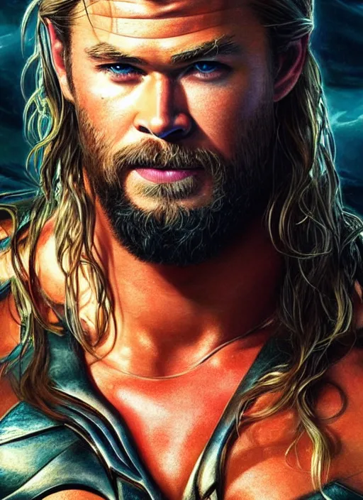 Image similar to chris hemsworth as aquaman, muscular, fantasy, intricate, elegant, highly detailed, digital painting, artstation, concept art, smooth, sharp focus, illustration, art by artgerm and greg rutkowski and alphonse mucha