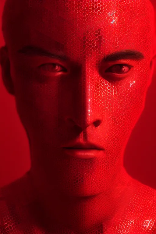 Image similar to fantasy portrait of a man, red intricate hexagons, glow, cinematic, abstract, wlop, artgerm, octane render