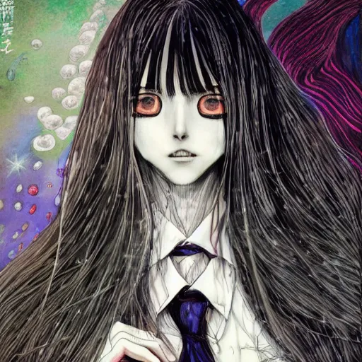 Image similar to yoshitaka amano realistic illustration of a manga girl with black eyes and long wavy white hair wearing dress suit with tie and surrounded by abstract junji ito style patterns in the background, blurry and dreamy illustration, noisy film grain effect, highly detailed, oil painting with expressive brush strokes, weird portrait angle, twin peaks color palette