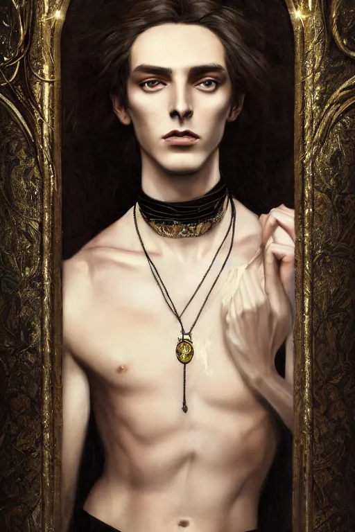 Image similar to a beautiful androgynous man, long hair, tall and thin, soft features, sly, dressed in velvet, rock star, wearing several pendants and a choker, illustration, dramatic lighting, soft details, painting oil on canvas, art nouveau, octane render, hdr, 4 k, 8 k, hd, by edmund blair leighton, brom, charlie bowater, faces by otto schmidt