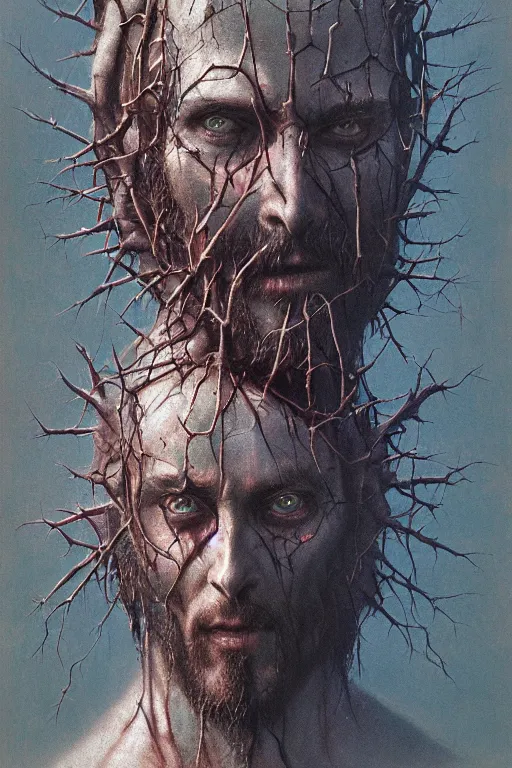 Prompt: portrait of demonic Jesus Christ in hood and crown of thorns, dark fantasy, Warhammer, artstation painted by Zdislav Beksinski and Wayne Barlowe