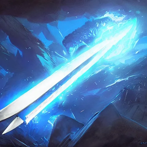 Image similar to fantasy greatsword glowing with blue magical power displayed in a case, art by greg rutkowski