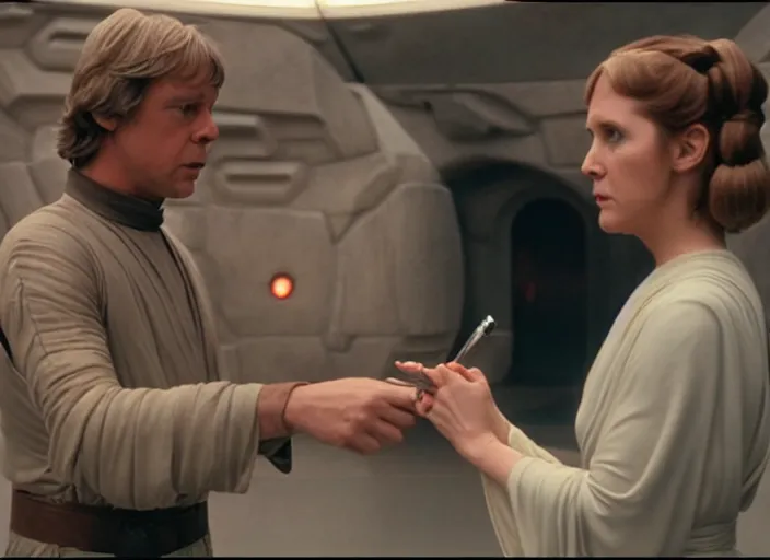 Image similar to Luke Skywalker teaches Leia in outfit at Jedi Temple scene from the last jedi, 2022, film by Stanley Kubrick, serene, iconic scene, stunning cinematography, hyper detailed, sharp, anamorphic lenses, kodak color film