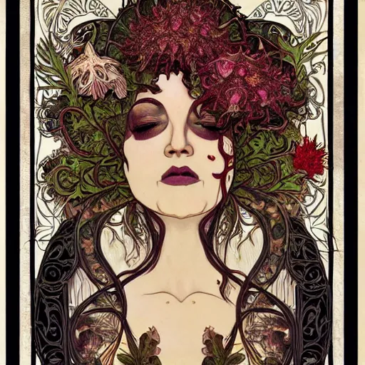 Image similar to a beautiful detailed front view portrait of a rotten woman corpse with fractal plants and fractal flowers and mushrooms growing around, symmetrical, ornate, ornamentation, illustration, in the style of art nouveau, mucha