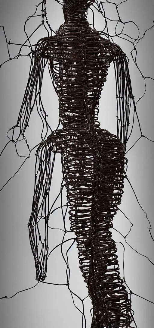 Image similar to human made out of wires and machinery, tall, body horror, creepy, disturbing, dark,